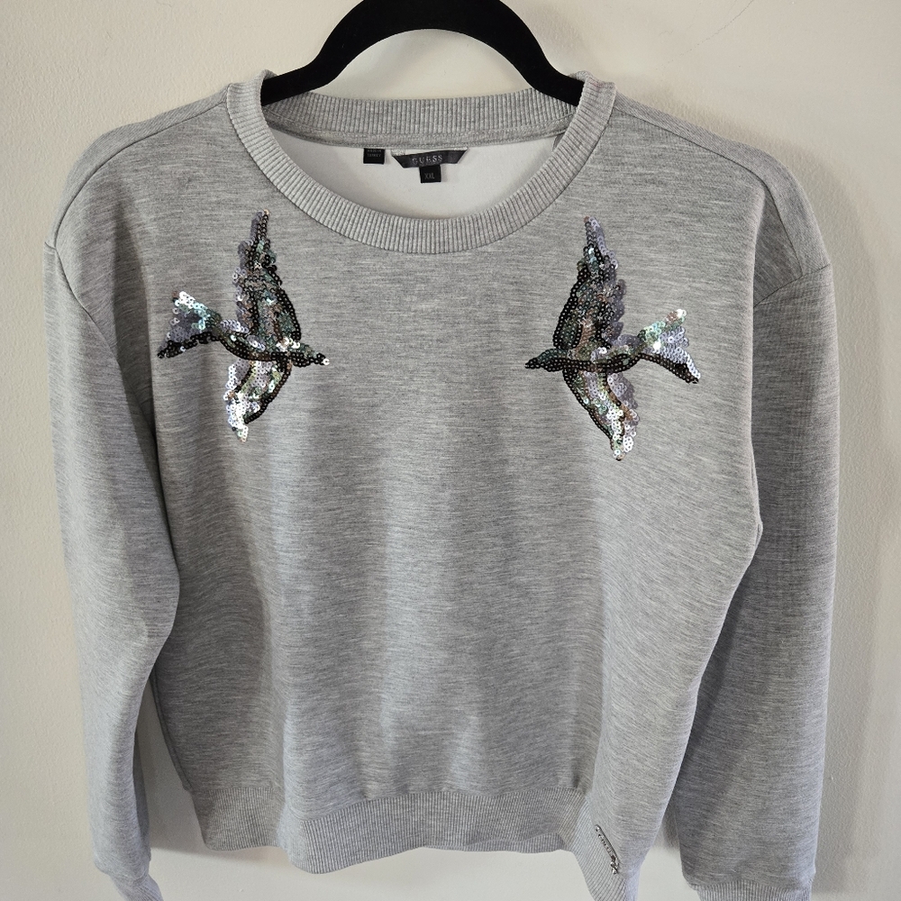 Guess Pullover Y14 XXL Gray Sequin Birds Long Sleeve Ribbed Neck Cuffs Waist